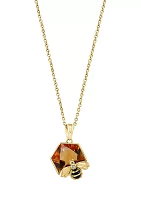 Diamond and Citrine Bee Pendant Necklace in 14K Yellow Gold