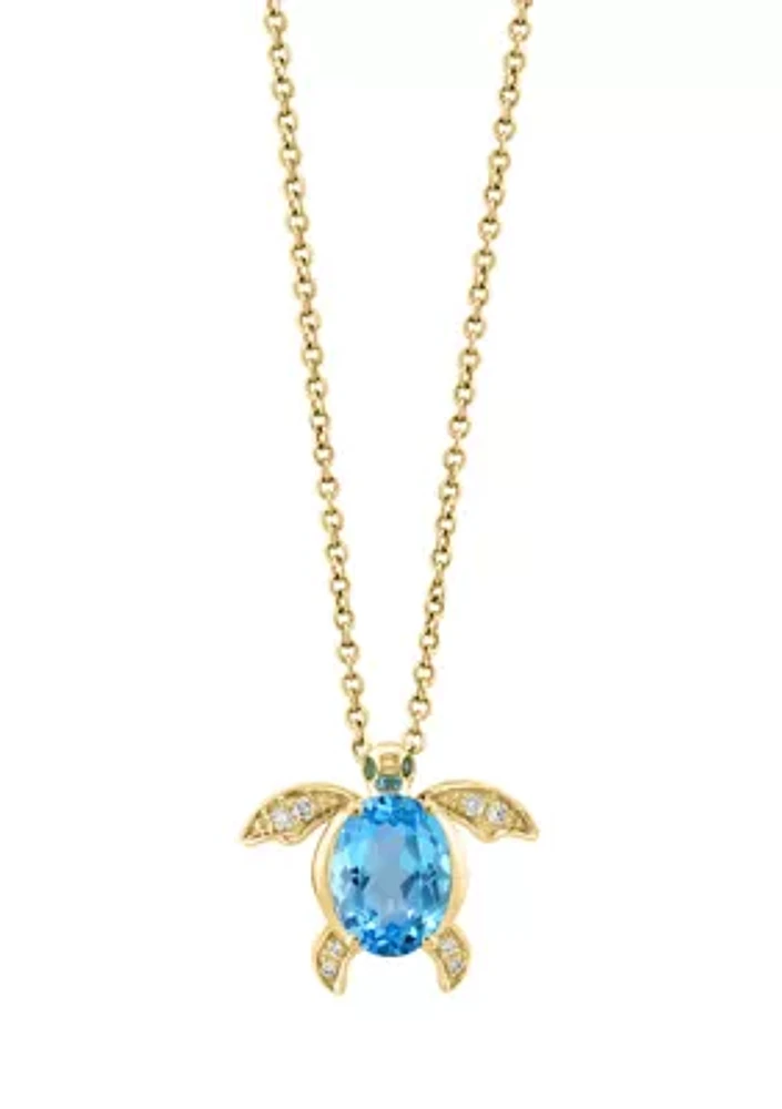 Diamond, Blue Topaz and Tsavorite Turtle Pendant Necklace in 14K Yellow Gold