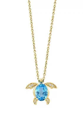 Diamond, Blue Topaz and Tsavorite Turtle Pendant Necklace in 14K Yellow Gold