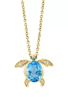 Diamond, Blue Topaz and Tsavorite Turtle Pendant Necklace in 14K Yellow Gold