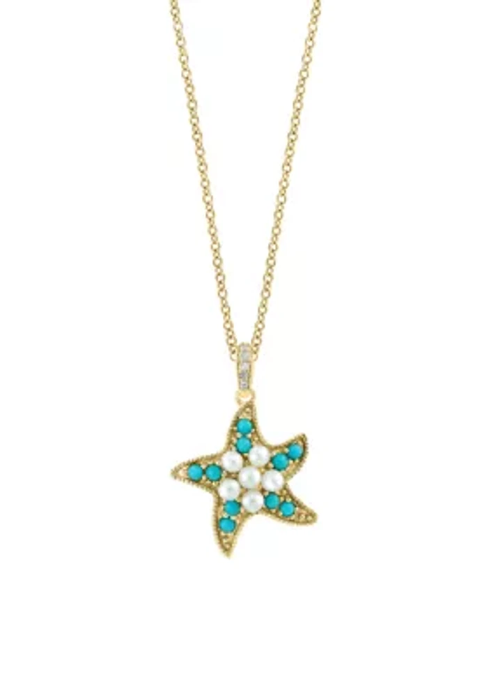 Diamond, Freshwater Pearl, Turquoise  Starfish Pendant Necklace in 14K Yellow Gold