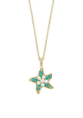 Diamond, Freshwater Pearl, Turquoise  Starfish Pendant Necklace in 14K Yellow Gold