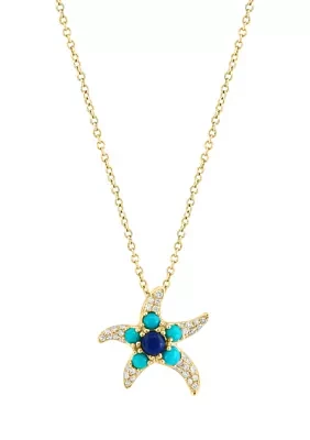 1/8 ct. t.w. Lapis Lazuli, 1/4 ct. t.w. Turquoise, 1/6 ct. t.w. Diamond Pendant Necklace in 14K Yellow Gold