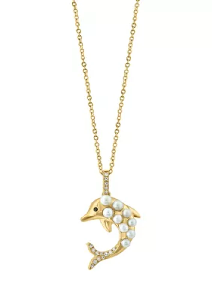 Diamond, Black Diamond and Freshwater Pearl Dolphin Pendant Necklace in 14K Yellow Gold