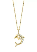 Diamond, Black Diamond and Freshwater Pearl Dolphin Pendant Necklace in 14K Yellow Gold