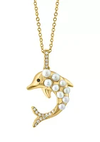 Diamond, Black Diamond and Freshwater Pearl Dolphin Pendant Necklace in 14K Yellow Gold