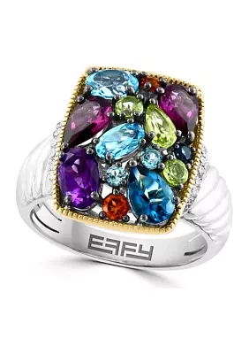 Diamond, Amethyst, Blue Topaz, London Blue Topaz, Citrine, Rhodolite, and Peridot Ring in 18K Yellow Gold Over Sterling Silver