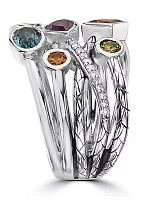 Diamond, Amethyst, London Blue Topaz, Citrine, Rhodolite, Peridot Ring in 925 Sterling Silver