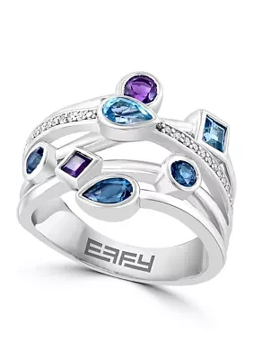 1/10 ct. t.w. Diamond, Amethyst, Blue Topaz, London Blue Topaz Ring in 925 Sterling Silver