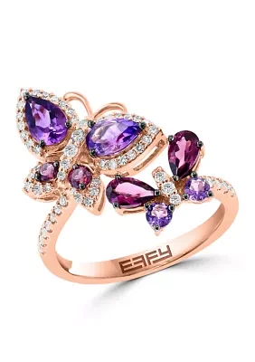 Diamond, Amethyst and Rhodolite Butterfly Ring in 14K Rose Gold