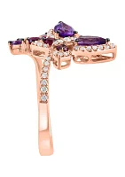 Diamond, Amethyst and Rhodolite Butterfly Ring in 14K Rose Gold