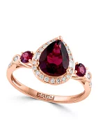 Diamond and Rhodolite Tri Stone Ring in 14K Rose Gold