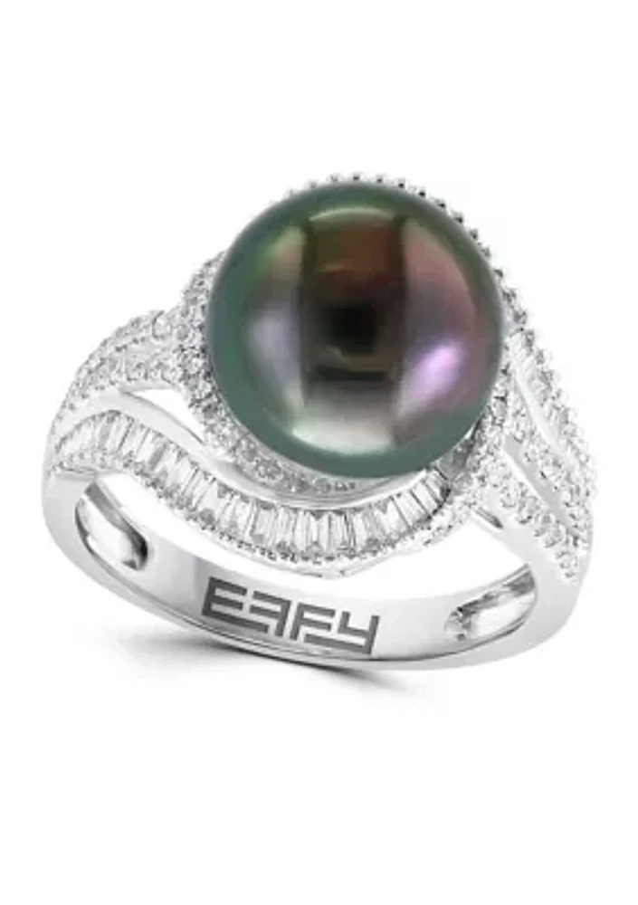  14K White Gold Diamond Black Tahitian Pearl Ring 