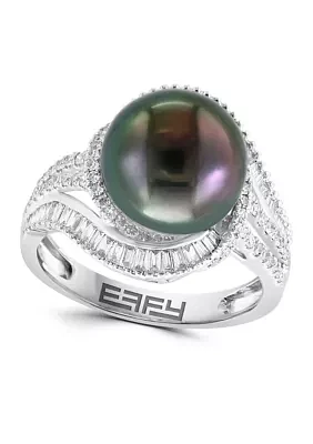  14K White Gold Diamond Black Tahitian Pearl Ring 