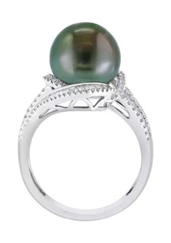  14K White Gold Diamond Black Tahitian Pearl Ring 