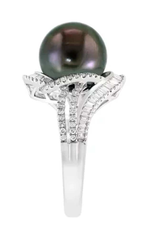  14K White Gold Diamond Black Tahitian Pearl Ring 