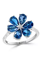 Diamond and London Blue Topaz Flower Ring in 14K White Gold