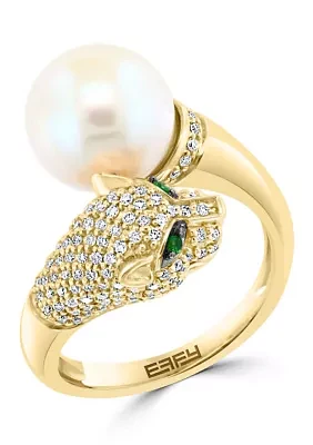 Diamond, Freshwater Pearl and Tsavorite Ring in 14K Yellow Gold