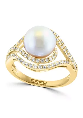 14K  Yellow Gold Diamond Freshwater Pearl Ring