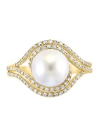 14K  Yellow Gold Diamond Freshwater Pearl Ring