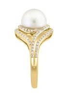 14K  Yellow Gold Diamond Freshwater Pearl Ring