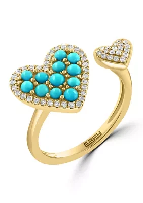 Diamond and Turquoise Double Heart Ring in 14K Yellow Gold