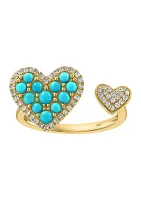 Diamond and Turquoise Double Heart Ring in 14K Yellow Gold