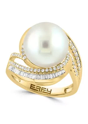 1/2 ct. t.w. Diamond and Freshwater Pearl Ring in 14K Yellow Gold