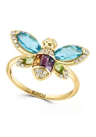 1/6 ct. t.w. Diamond, Amethyst, Blue Topaz, Citrine, Rhodolite, Peridot Bee  Ring In 14k Yellow Gold 