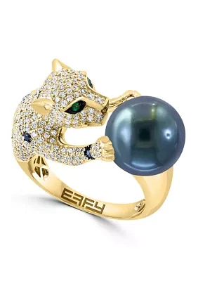 Diamond, Black Diamond, Emerald and Tahitian Pearl Animal Ring in 14K Yellow Gold