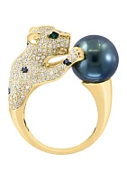 Diamond, Black Diamond, Emerald and Tahitian Pearl Animal Ring in 14K Yellow Gold