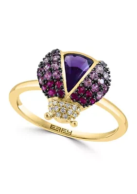 Diamond, Amethyst, Pink Sapphire Ladybug Ring in 14K Yellow Gold