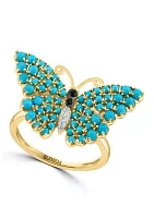 Diamond, Sapphire and Turquoise Butterfly Ring in 14K Yellow Gold