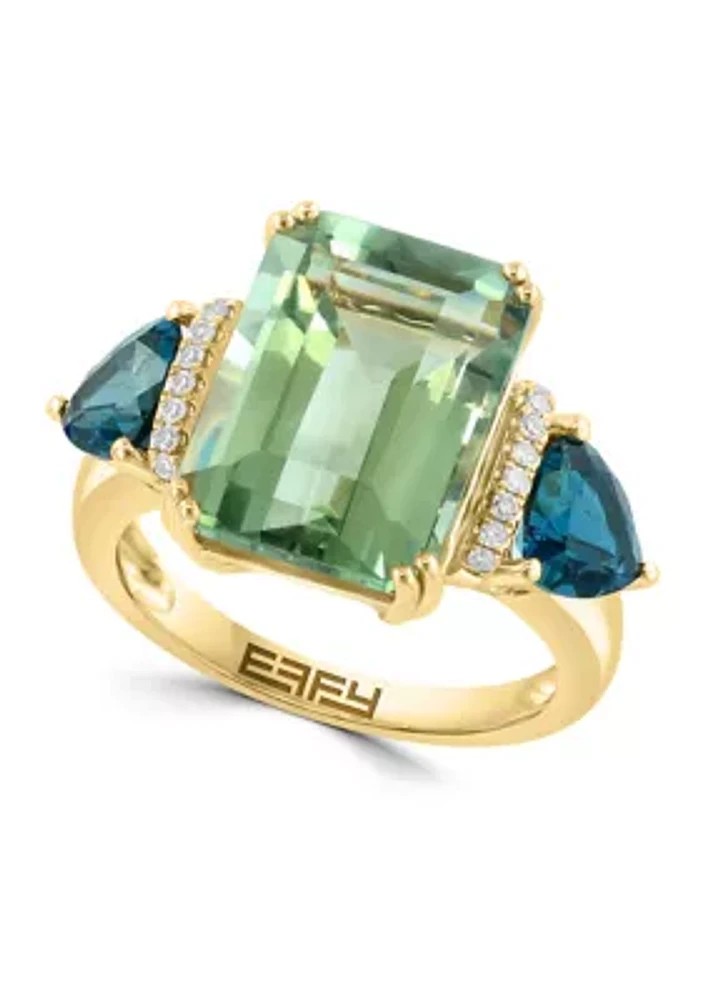 1/10 ct. t.w. Diamond, 6.05 ct. t.w. Green Amethyst, 3.15 ct. t.w. London Blue Topaz Ring in 14K Yellow Gold