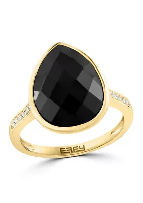 Diamond and Onyx Pear Ring in 14K Yellow Gold