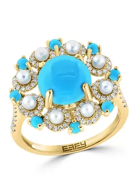 Diamond, Freshwater Pearl and Turquoise Ring in 14K Yellow Gold