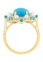 Diamond, Freshwater Pearl and Turquoise Ring in 14K Yellow Gold