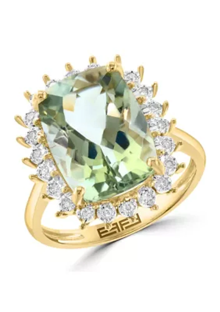 14K Yellow Gold Diamond, Green Amethyst Ring 