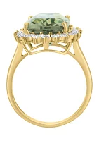 14K Yellow Gold Diamond, Green Amethyst Ring 