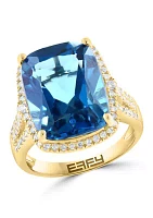 3/8 ct. t.w. Diamond and London Blue Topaz Cushion Ring in 14K Yellow Gold