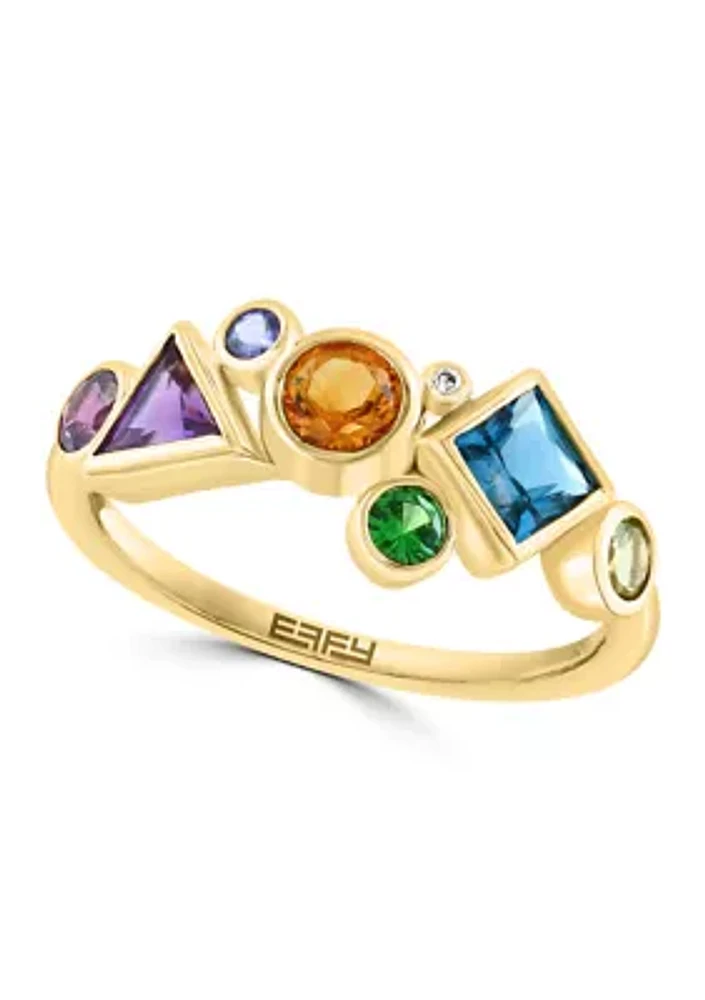 1/10 ct. t.w. Diamond, 1.2 ct. t.w. Amethyst, London Blue Topaz, Citrine, Rhodolite, Peridot, Tanzanite Ring in 14K Yellow Gold