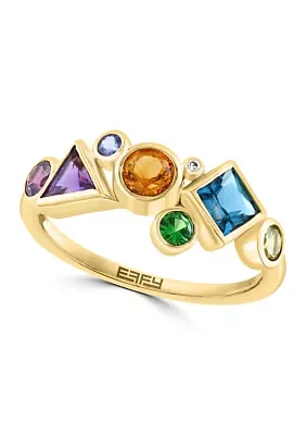 1/10 ct. t.w. Diamond, 1.2 ct. t.w. Amethyst, London Blue Topaz, Citrine, Rhodolite, Peridot, Tanzanite Ring in 14K Yellow Gold