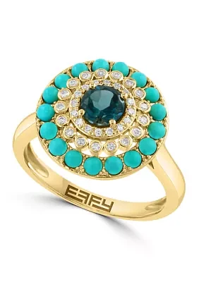 1/8 ct. t.w. London Blue Topaz, 5/8 ct. t.w. Turquoise, 1 ct. t.w. Diamond Ring in 14K Yellow Gold