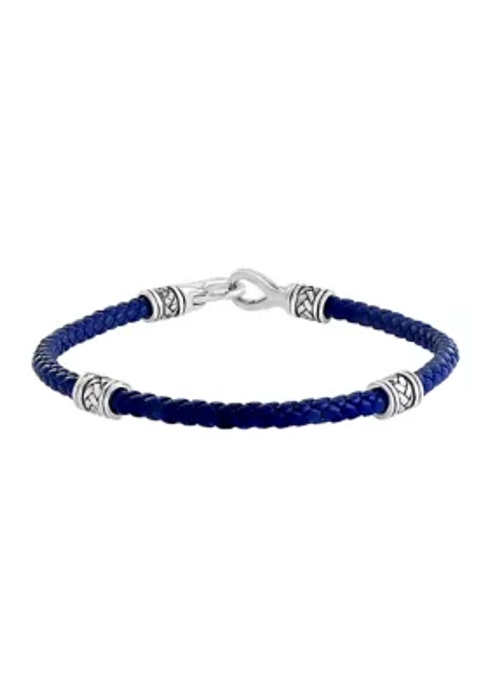 Men's Sterling Silver and Blue Leather Bracelet 