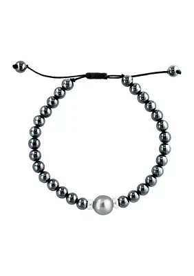 Sterling Silver Black/Tahitian Pearl, Hematite Adjustable Men's Bracelet