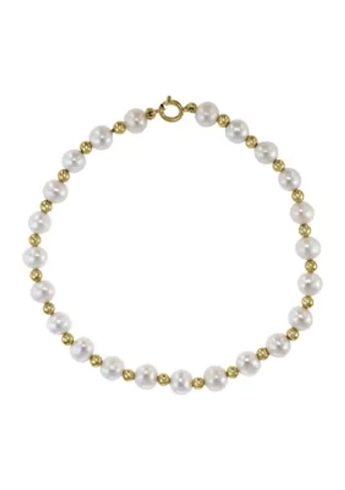  14K Yellow Gold Freshwater Pearl and Gold Bead 7.5 Inch Bracelet