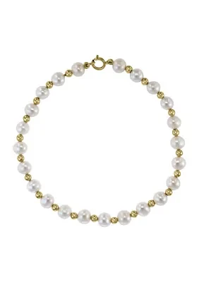  14K Yellow Gold Freshwater Pearl and Gold Bead 7.5 Inch Bracelet