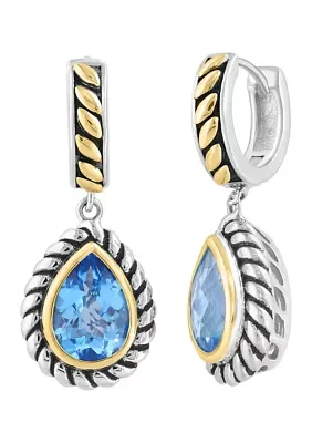 Blue Topaz Pear Earrings in Sterling Silver and 18K Yellow Gold