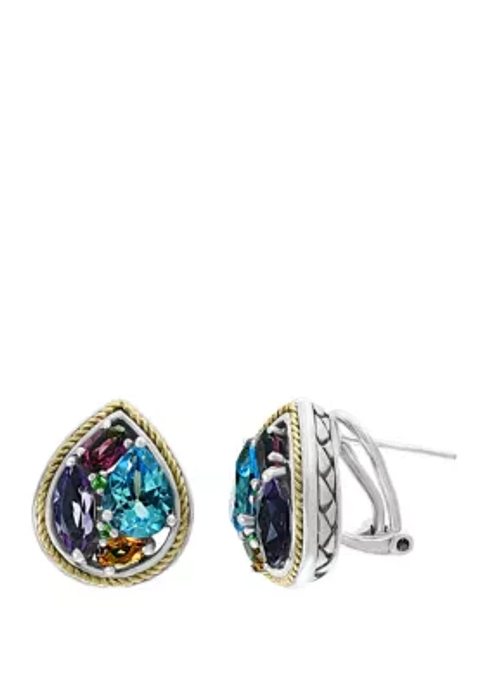 Amethyst, Blue Topaz, Citrine, Rhodolite, Tsavorite Earrings in Sterling Silver and 18k Yellow Gold