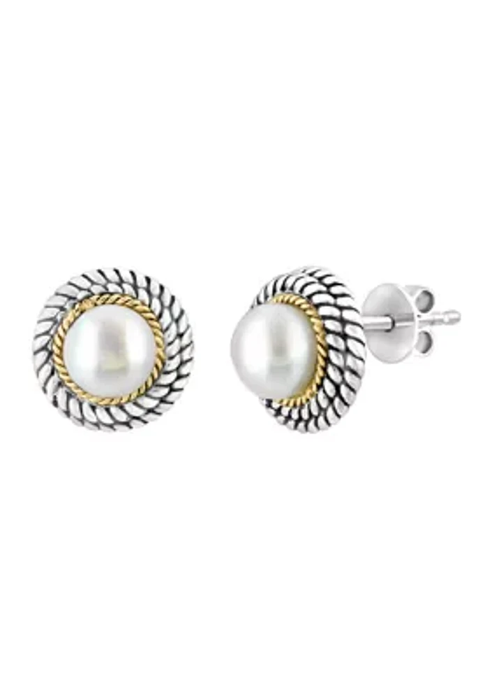 Freshwater Pearl Button Earrings in Sterling Silver and 18K Yellow Gold